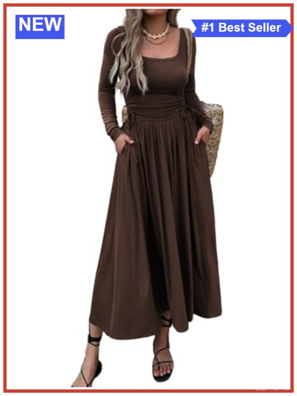 Mieazom Long Sleeve Square Neck Maxi Dress A-Line Pleated Pockets